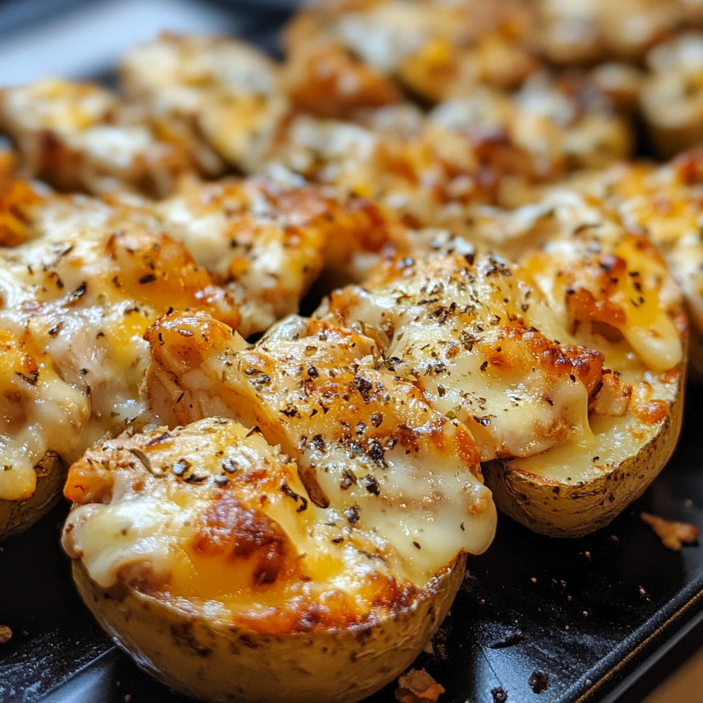 Cheesy chicken potato skins on a black tray.