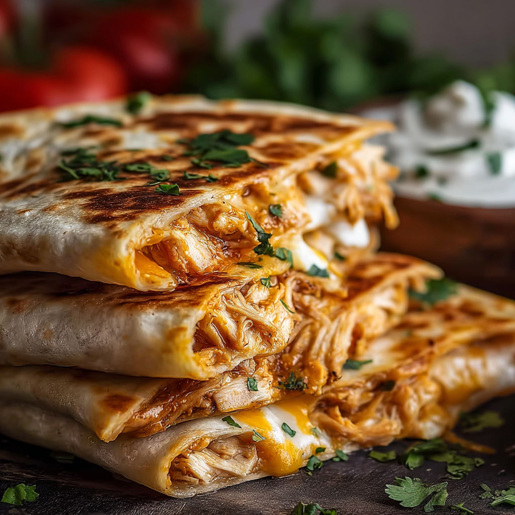 A stack of chicken quesadillas with white cheese and green onions.