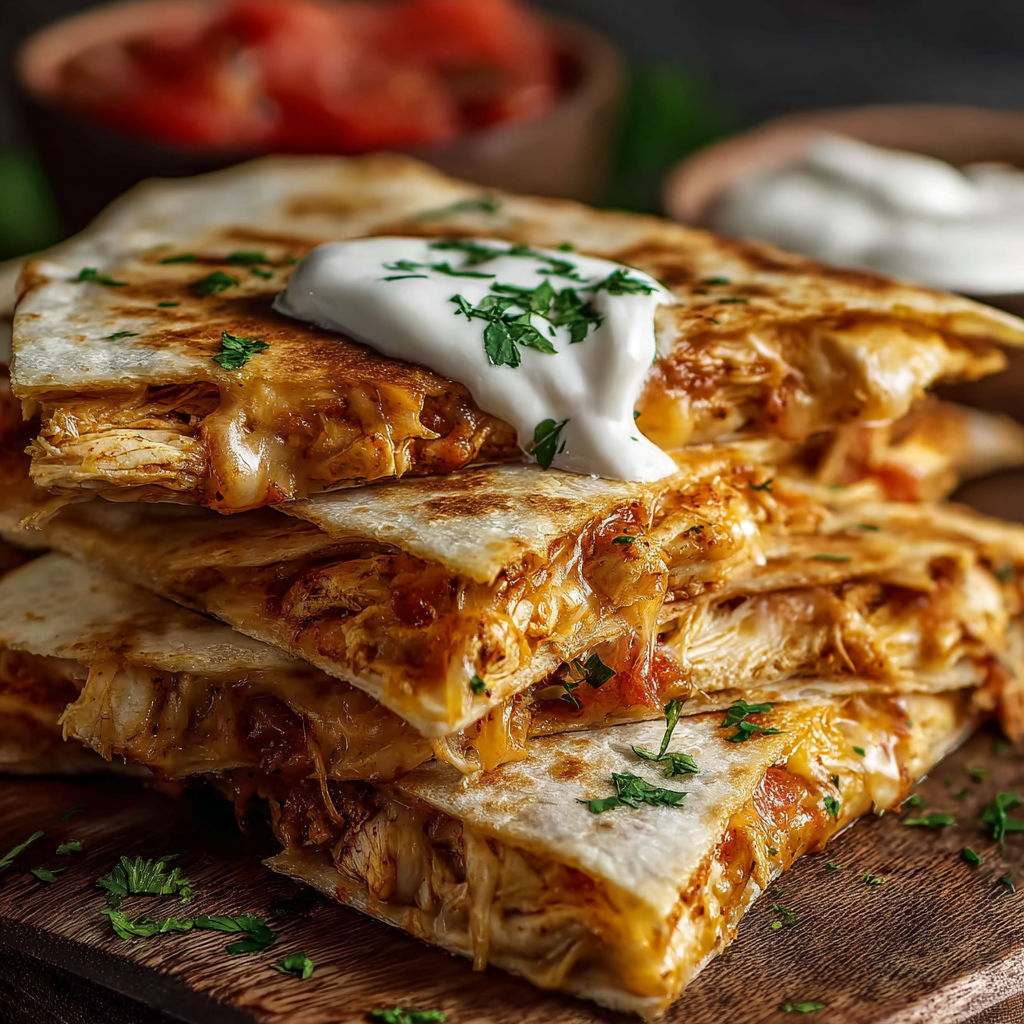 A stack of chicken quesadillas with white cheese on top.