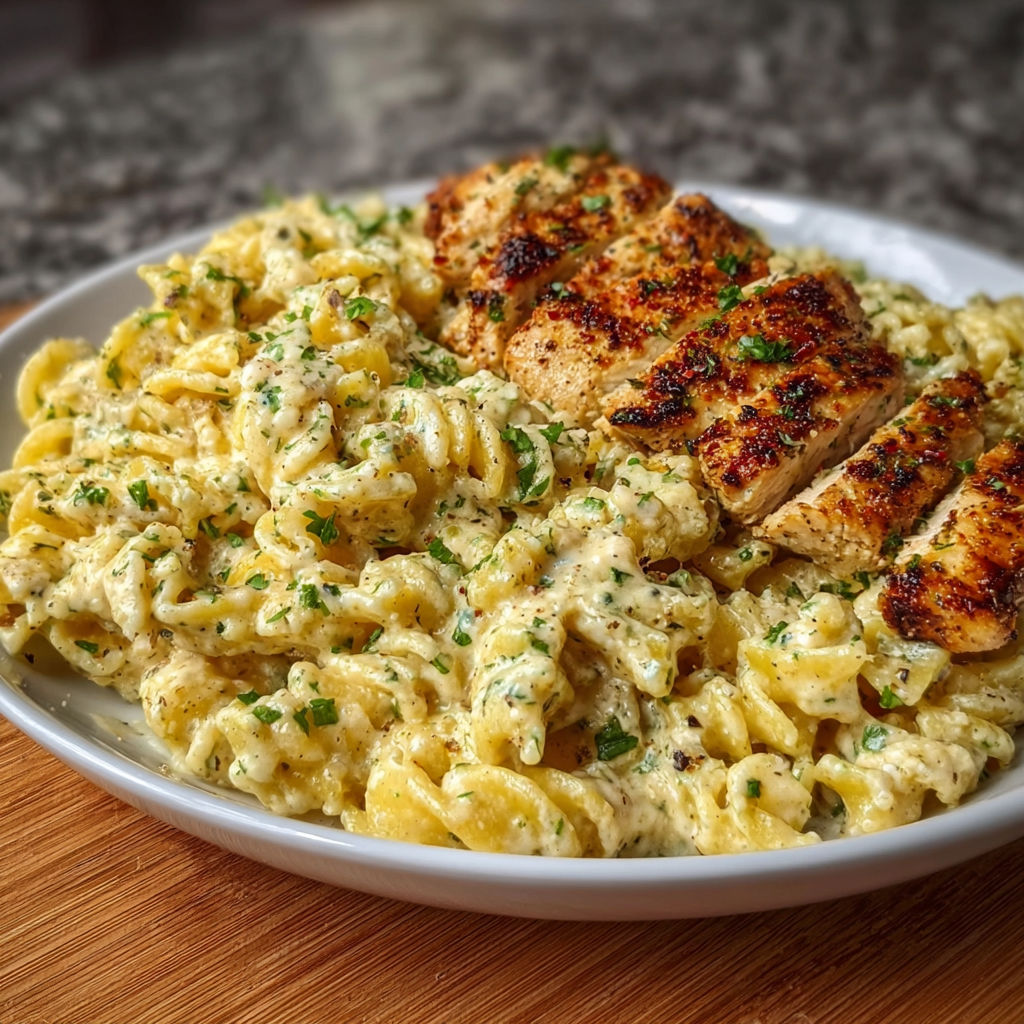 A plate of pasta with chicken and garlic.
