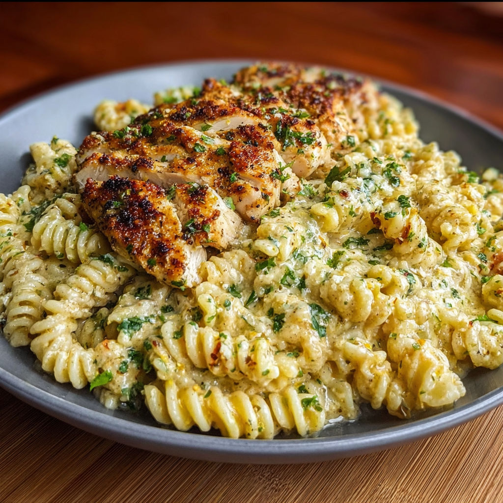 A plate of pasta with chicken and garlic sauce.