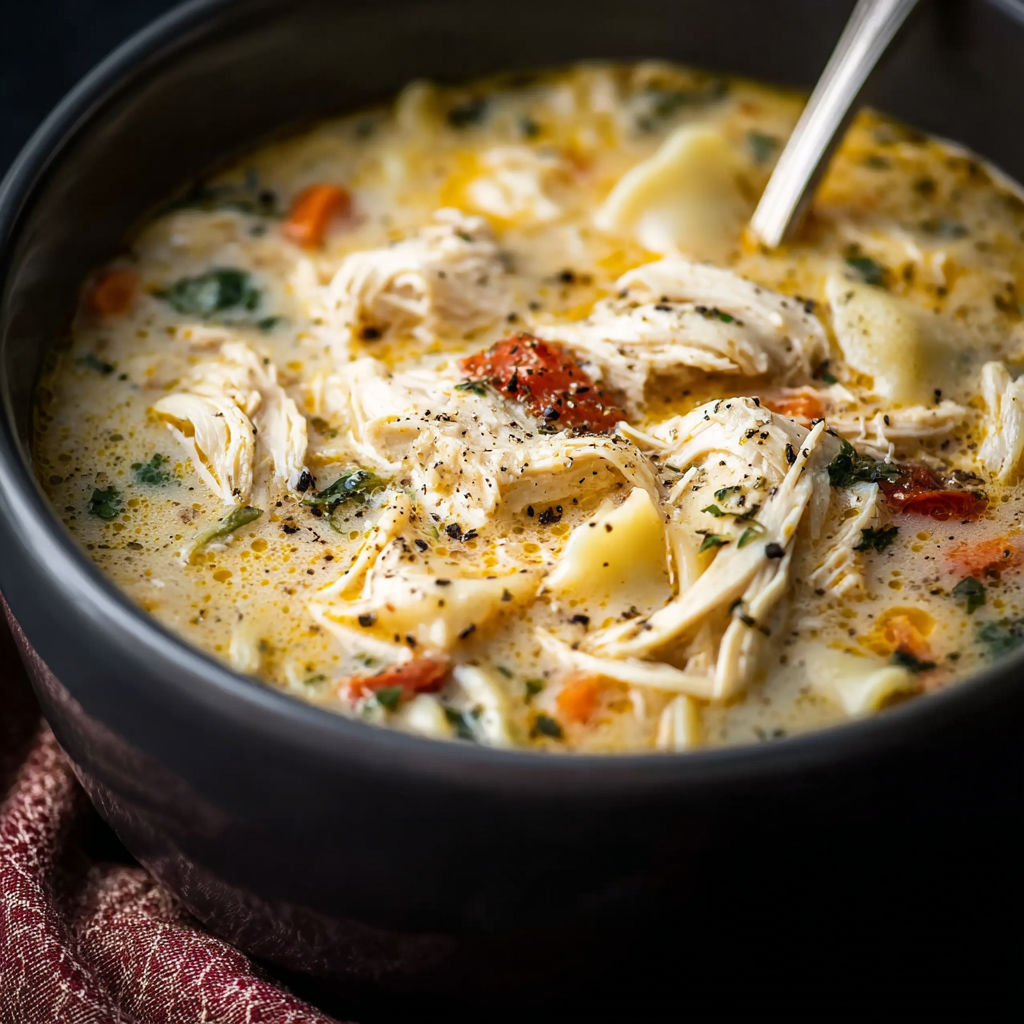 A bowl of chicken soup with vegetables.