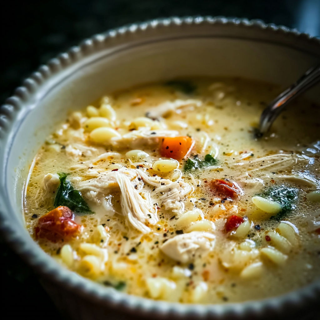 A bowl of soup with chicken and vegetables.
