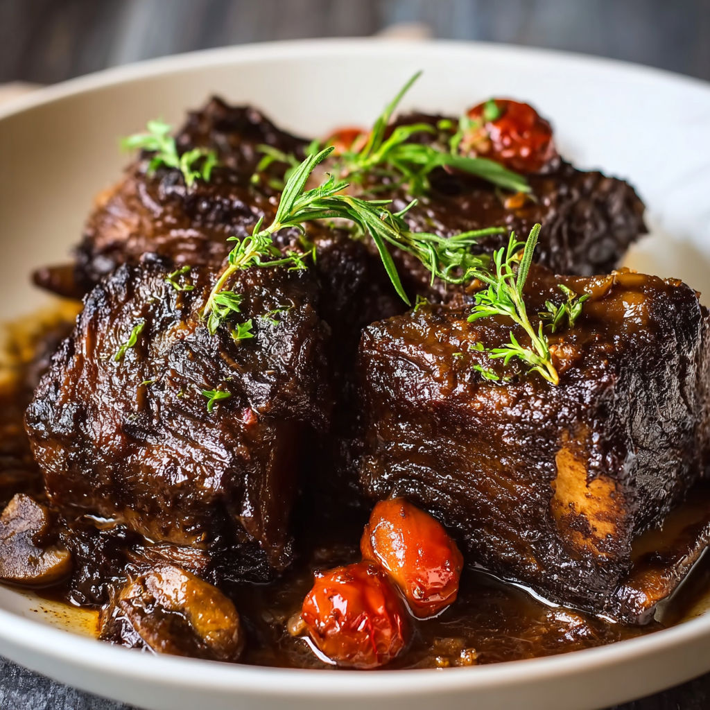 A plate of beef short ribs with tomatoes and herbs.