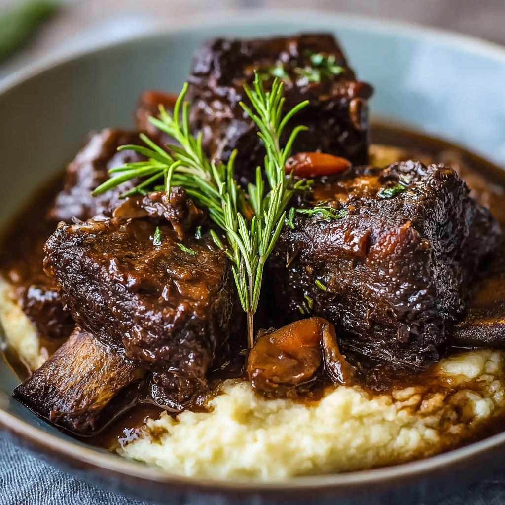 A close up of a plate of beef short ribs.