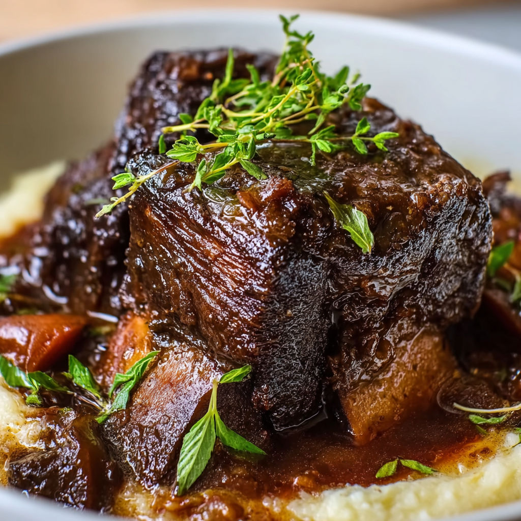 A close up of a plate of beef short ribs.