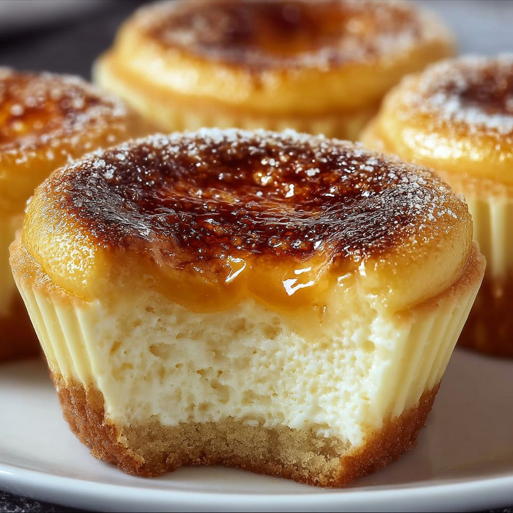 A close up of a vanilla bean cr&egrave;me br&ucirc;l&eacute;e cheesecake cupcake.
