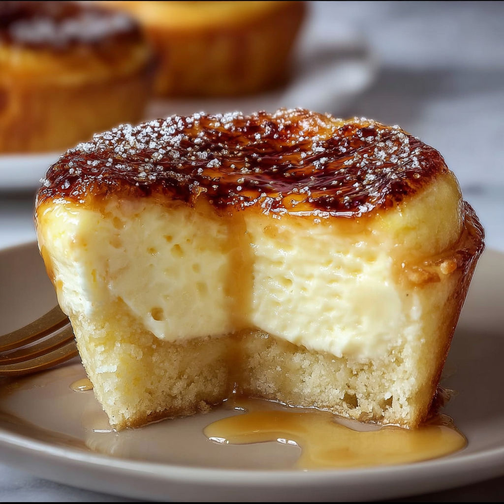 A slice of vanilla bean cr&egrave;me br&ucirc;l&eacute;e cheesecake cupcake.