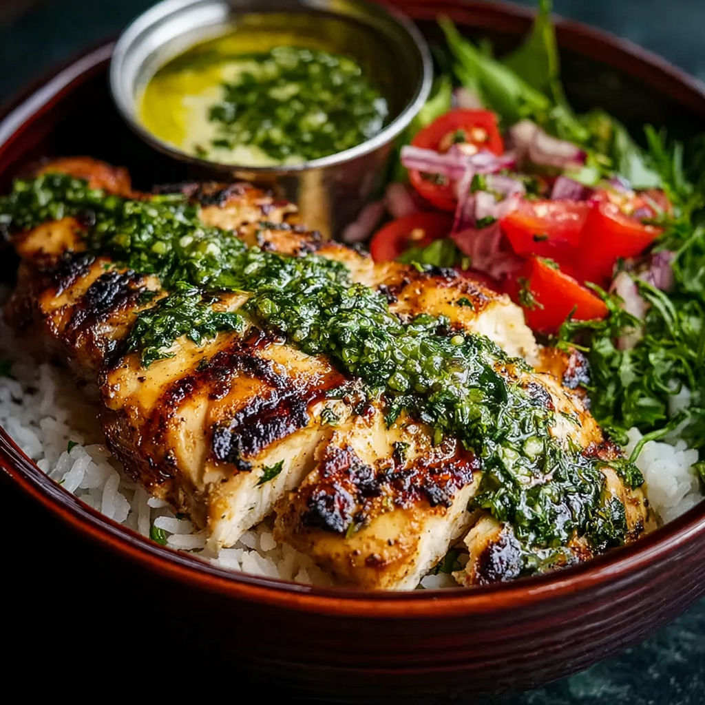 A bowl of food with grilled chicken, tomatoes, and garlic sauce.