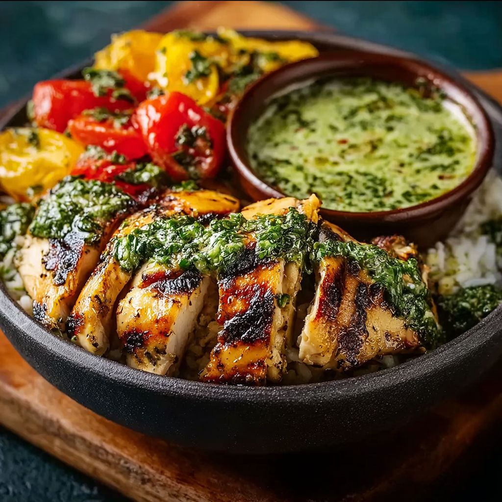 A bowl of grilled chicken with garlic sauce and tomatoes.