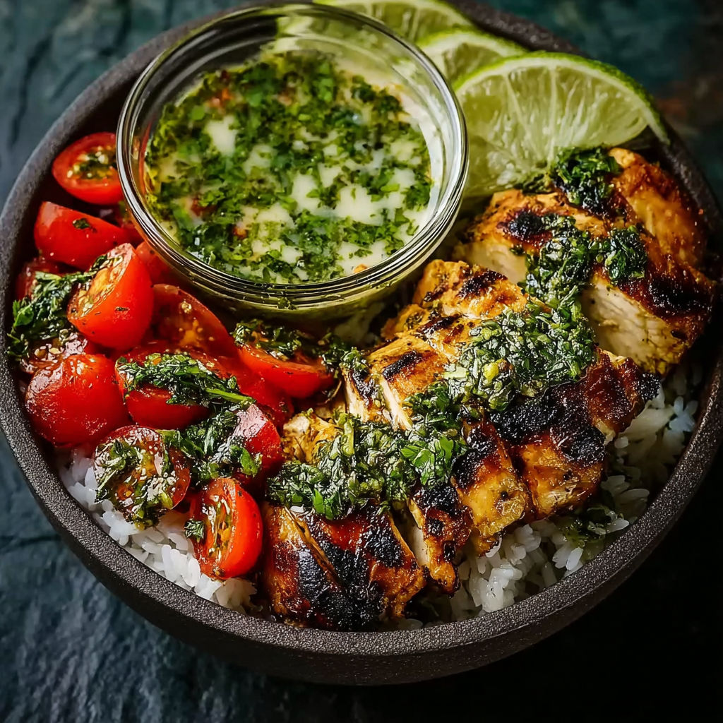 A bowl of grilled chicken with garlic sauce and lime.