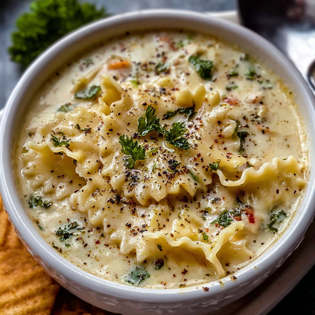 A bowl of white lasagna soup.