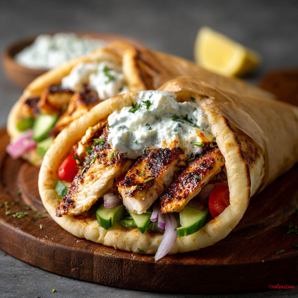 A gyro with chicken, tomatoes, cucumbers, and feta cheese.