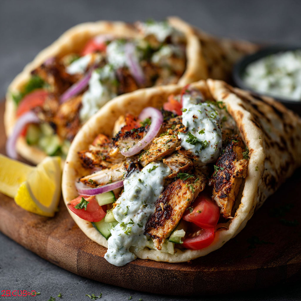 A gyro with chicken, tomatoes, onions, and feta cheese.