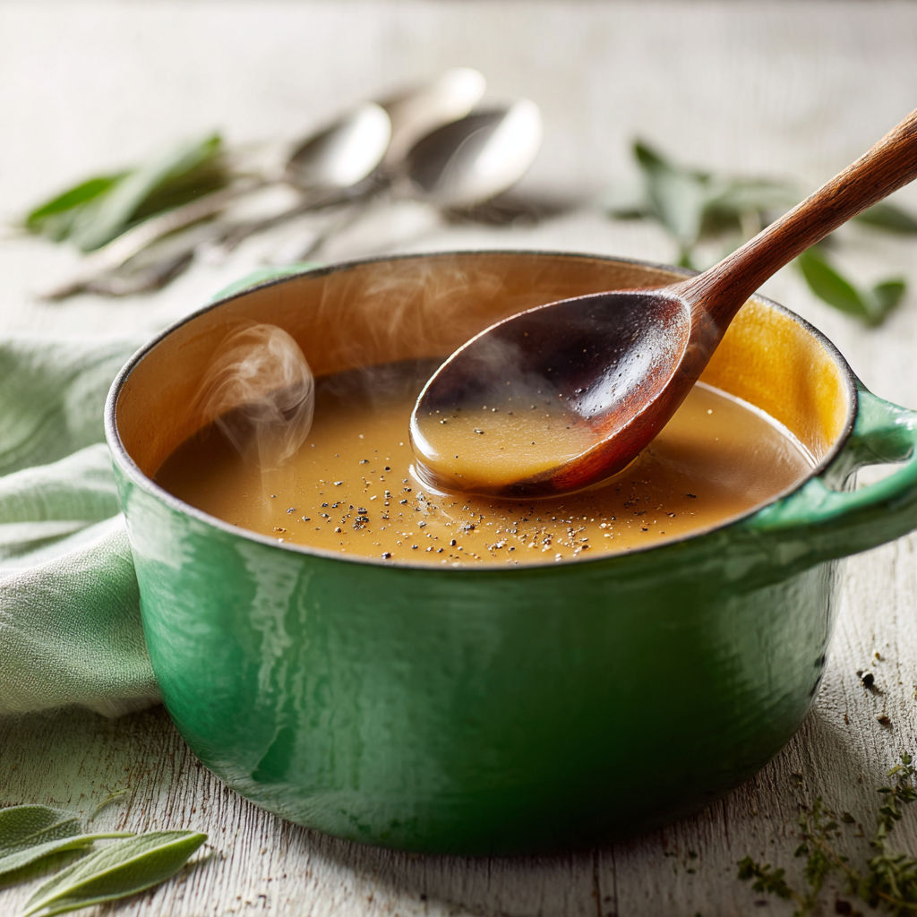 A green pot of cider and sage gravy.