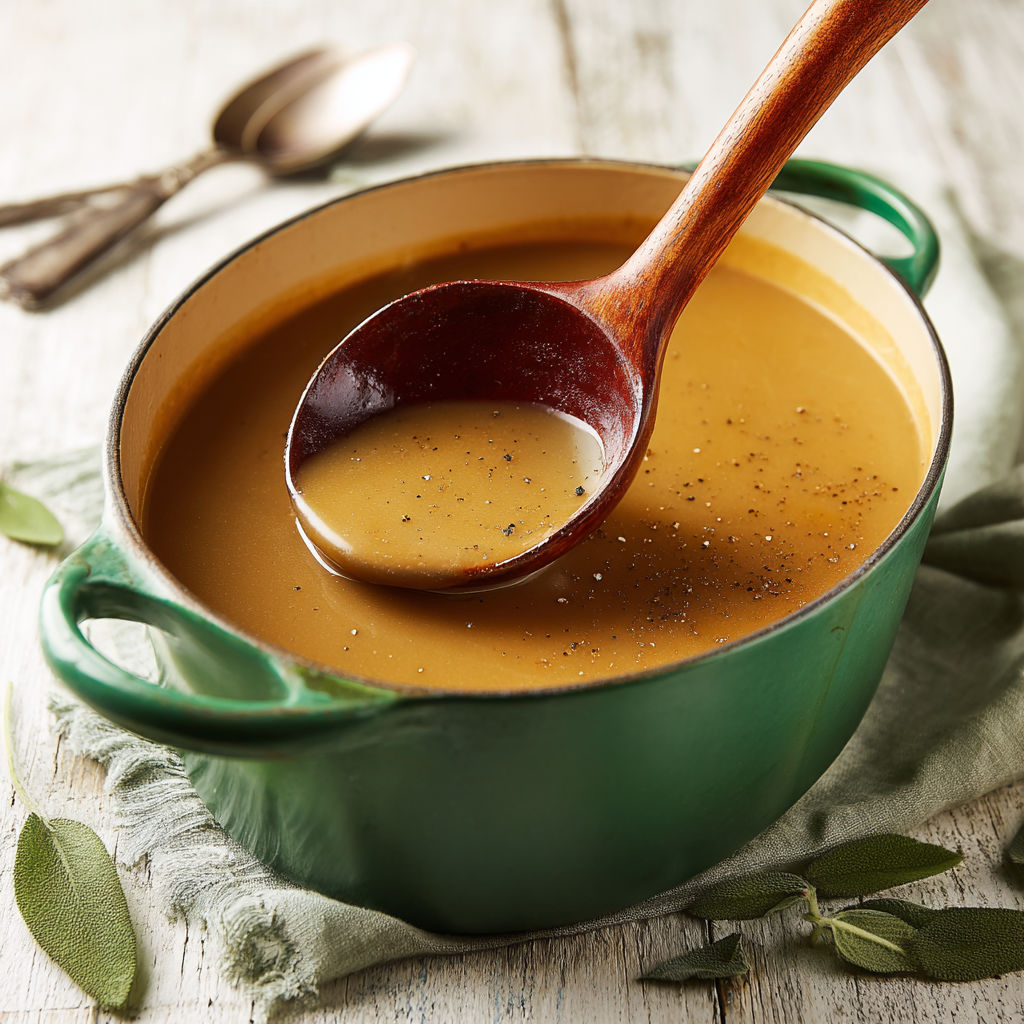 A wooden spoon is in a bowl of cider and sage gravy.