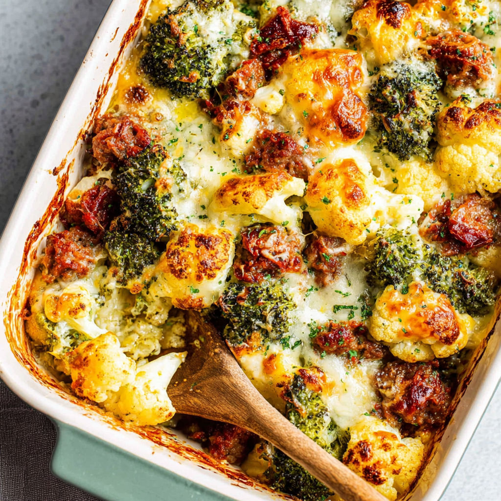 A dish of broccoli and cauliflower with cheese and sausage.