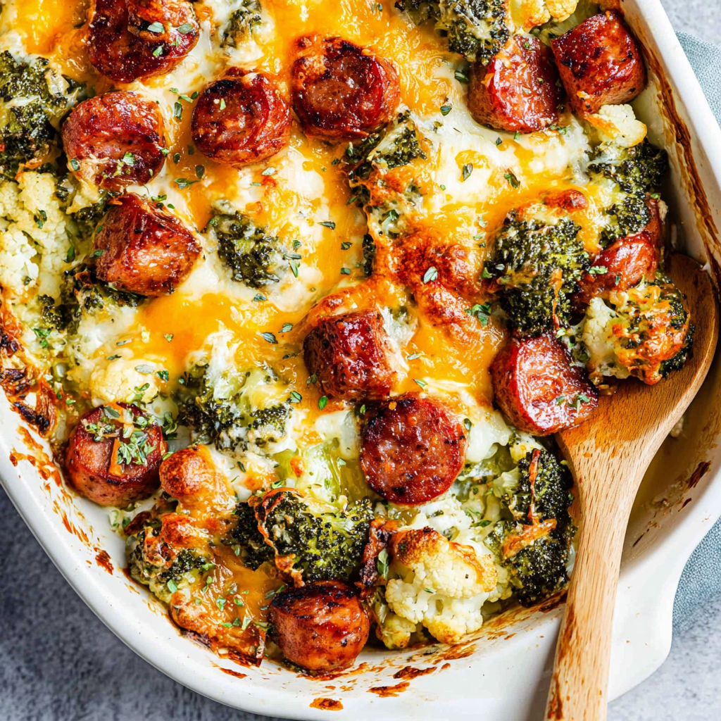 A dish of broccoli and cauliflower with cheese and sausage.