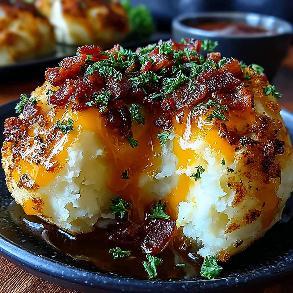 A plate of mashed potatoes with bacon on top.