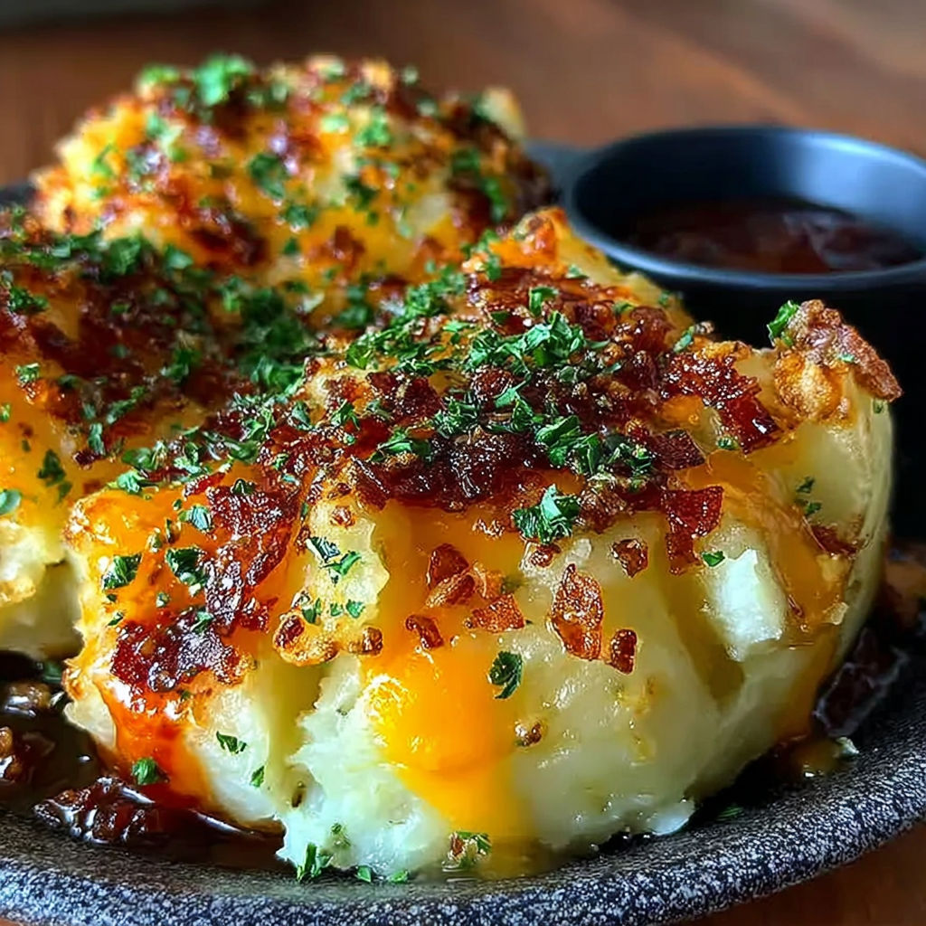 A plate of food with a black bowl of sauce.