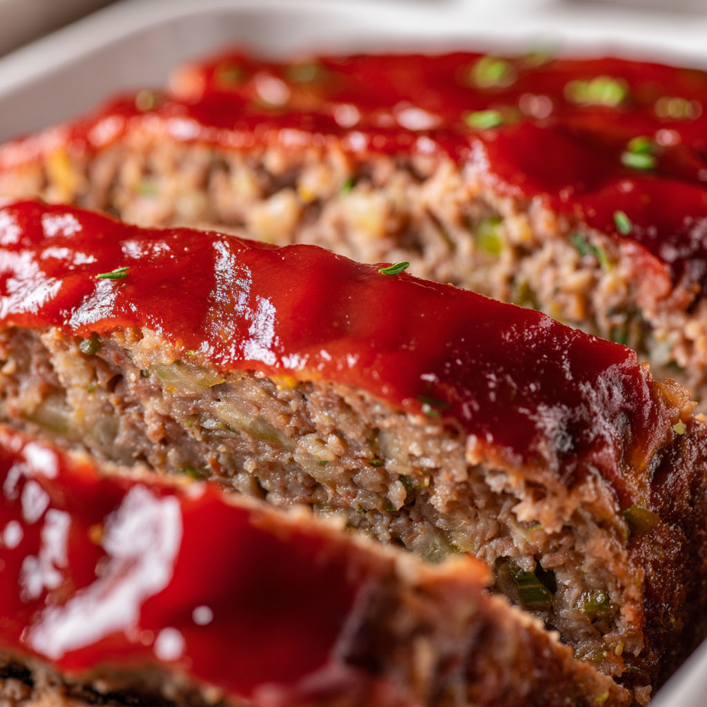A close up of a meatloaf with a glaze.