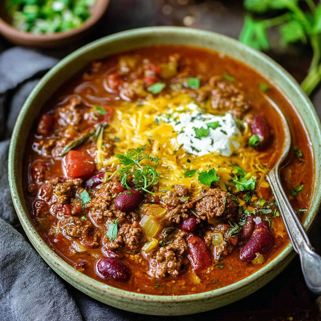 A bowl of chili with a spoon in it.