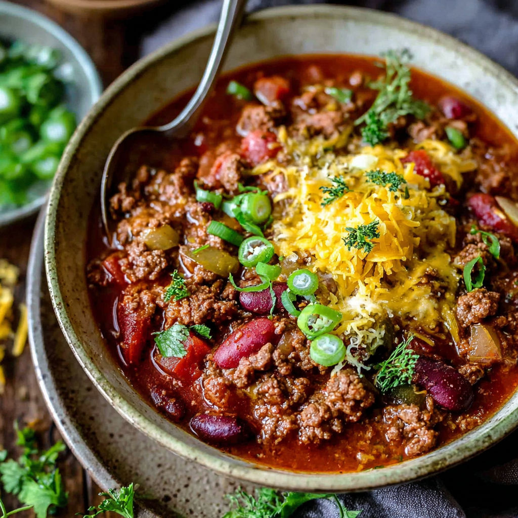 A bowl of chili with a spoon in it.