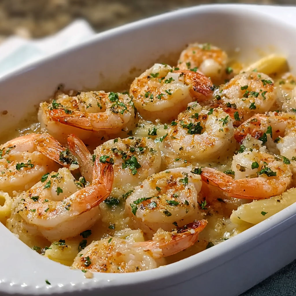 A bowl of shrimp and pasta.