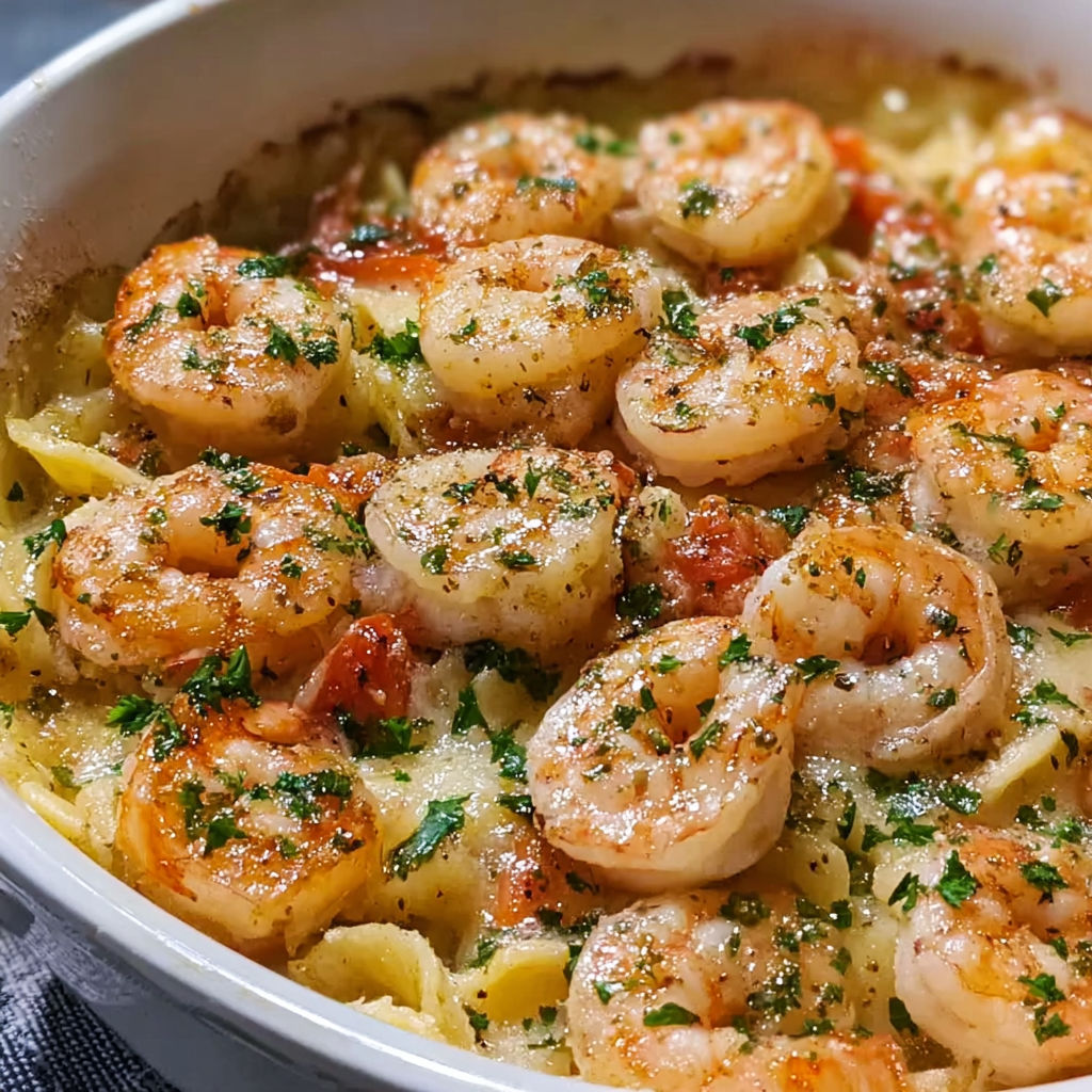 A bowl of shrimp and pasta.