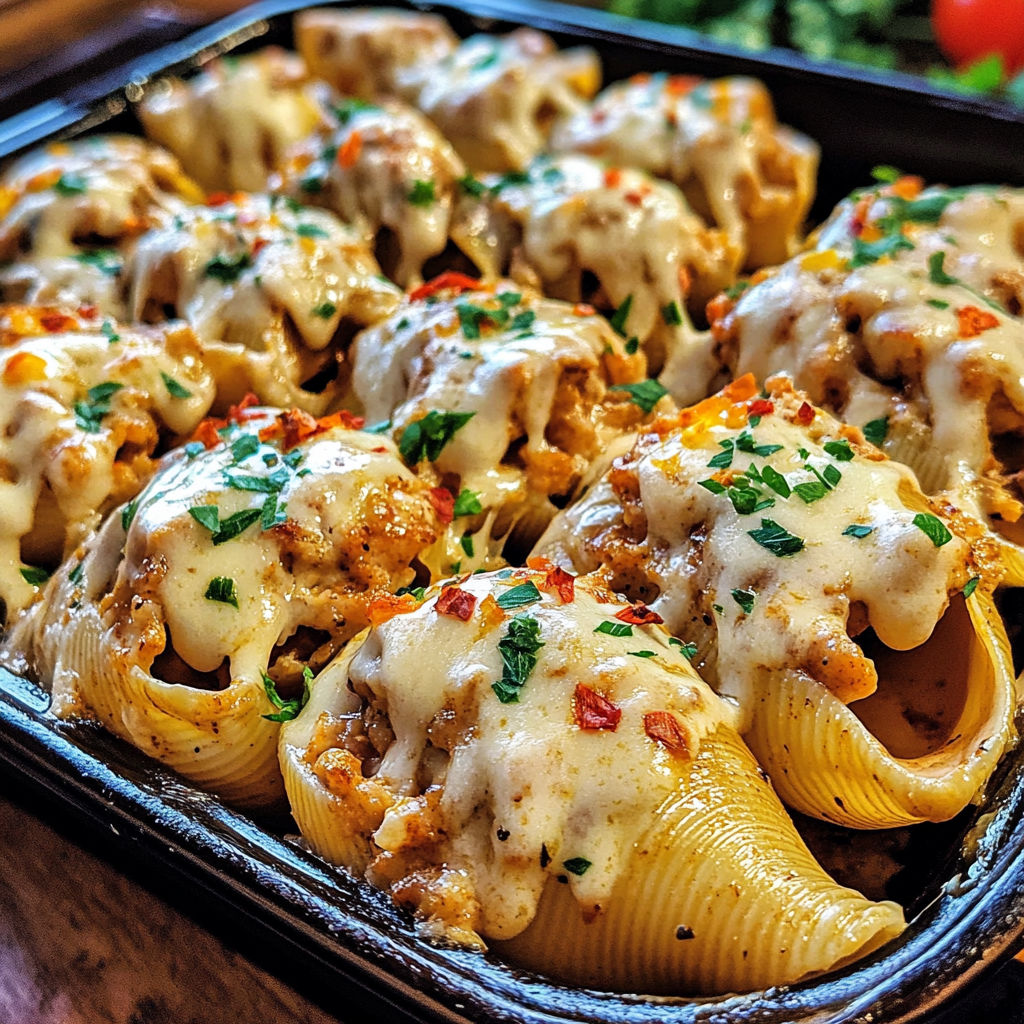 A dish of Creamy Cajun Chicken Stuffed Shells.