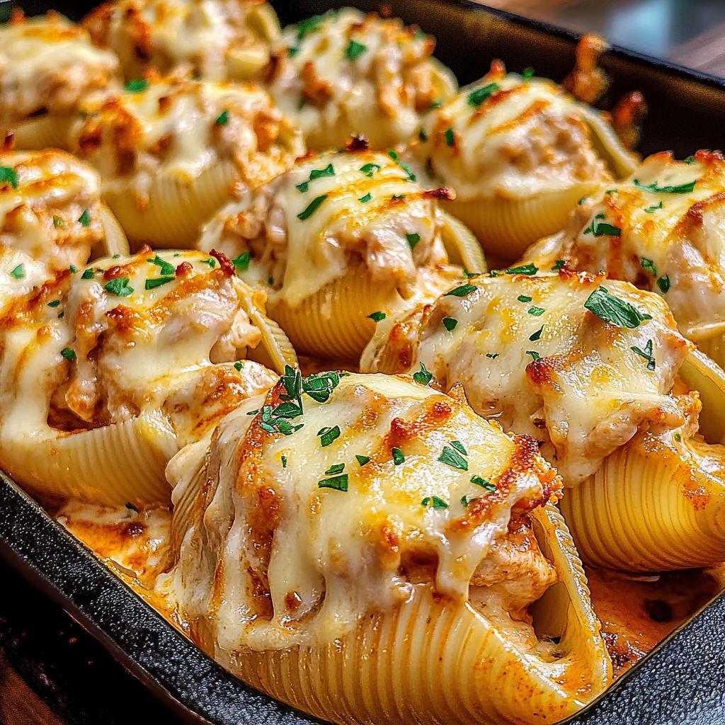 A pan of Creamy Cajun Chicken Stuffed Shells.