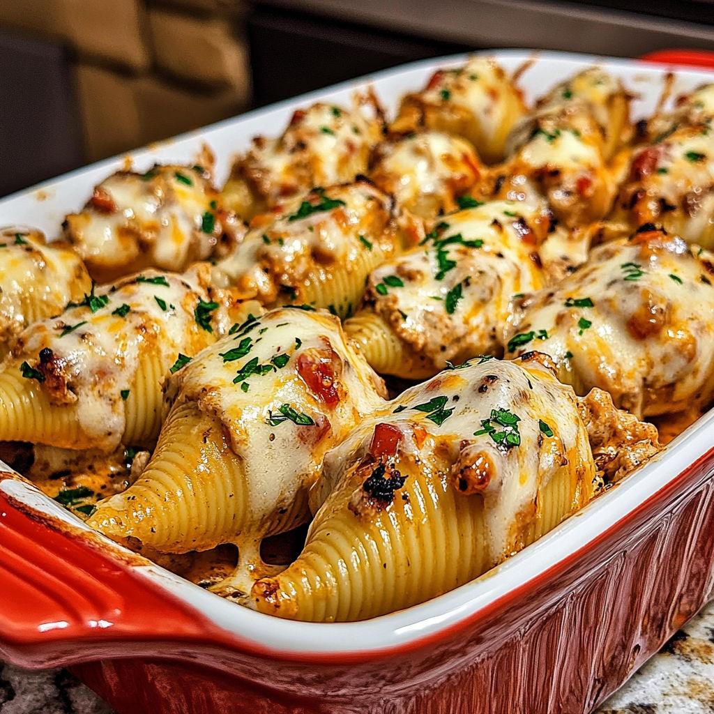A dish of Creamy Cajun Chicken Stuffed Shells.