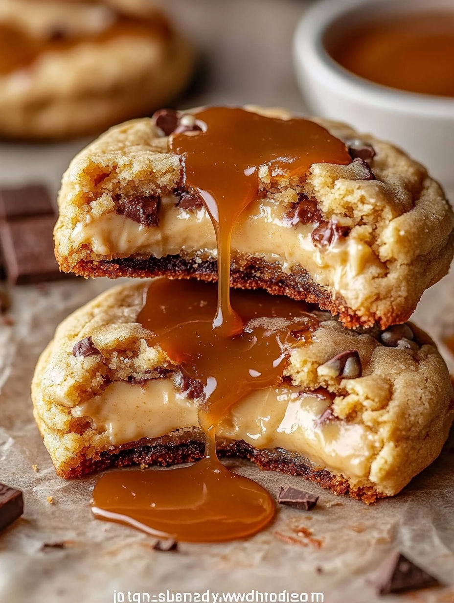 Caramel cheesecake cookies with drizzled caramel.
