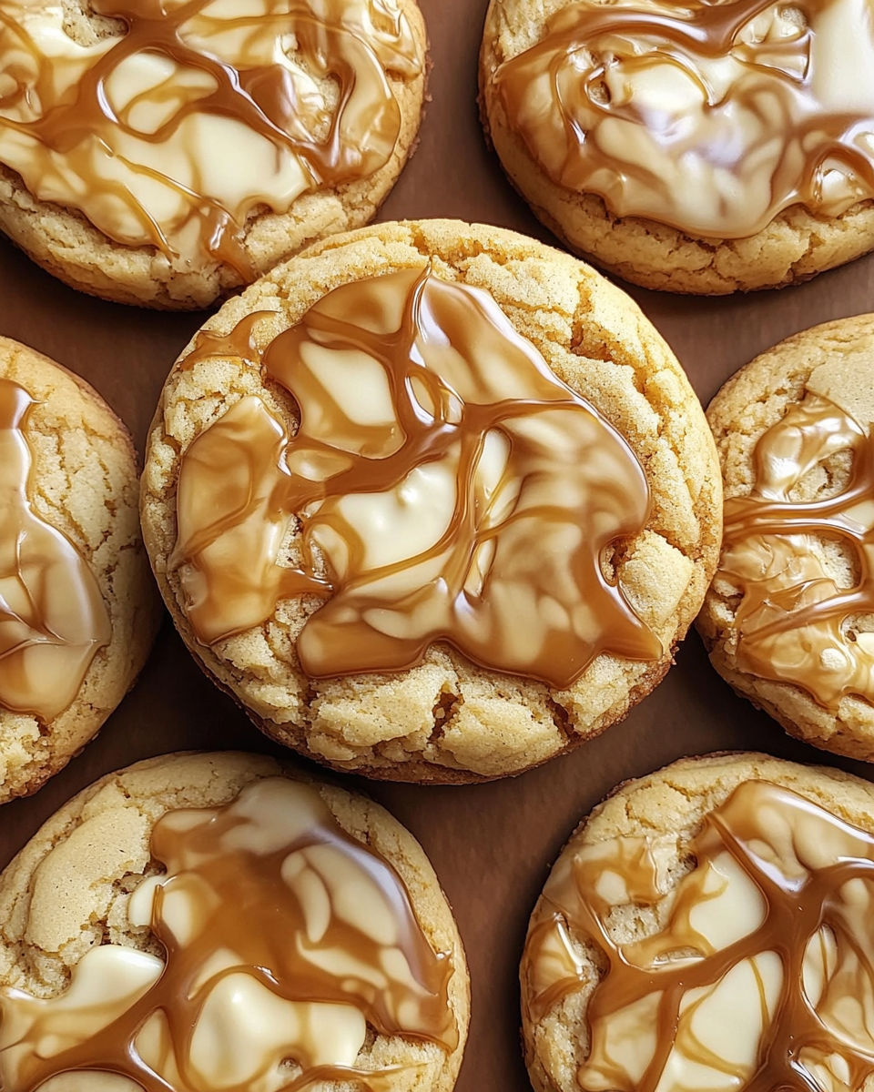 Caramel cheesecake cookies on a table.