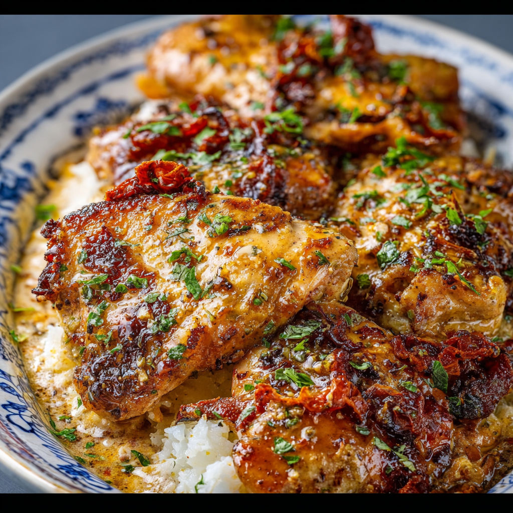 A plate of chicken with rice and green onions.