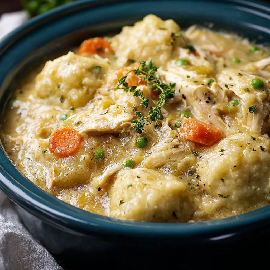 A bowl of chicken and dumplings.