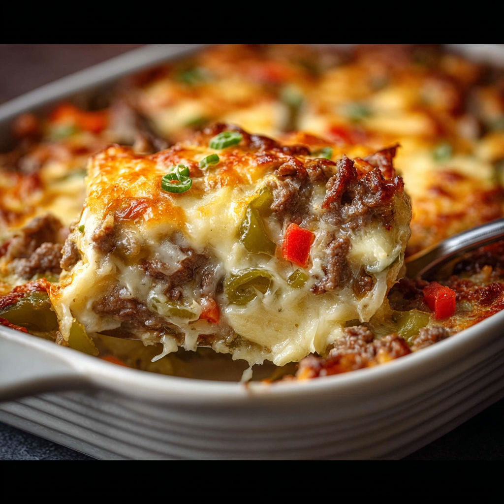 A close up of a delicious low carb Philly cheesesteak casserole.