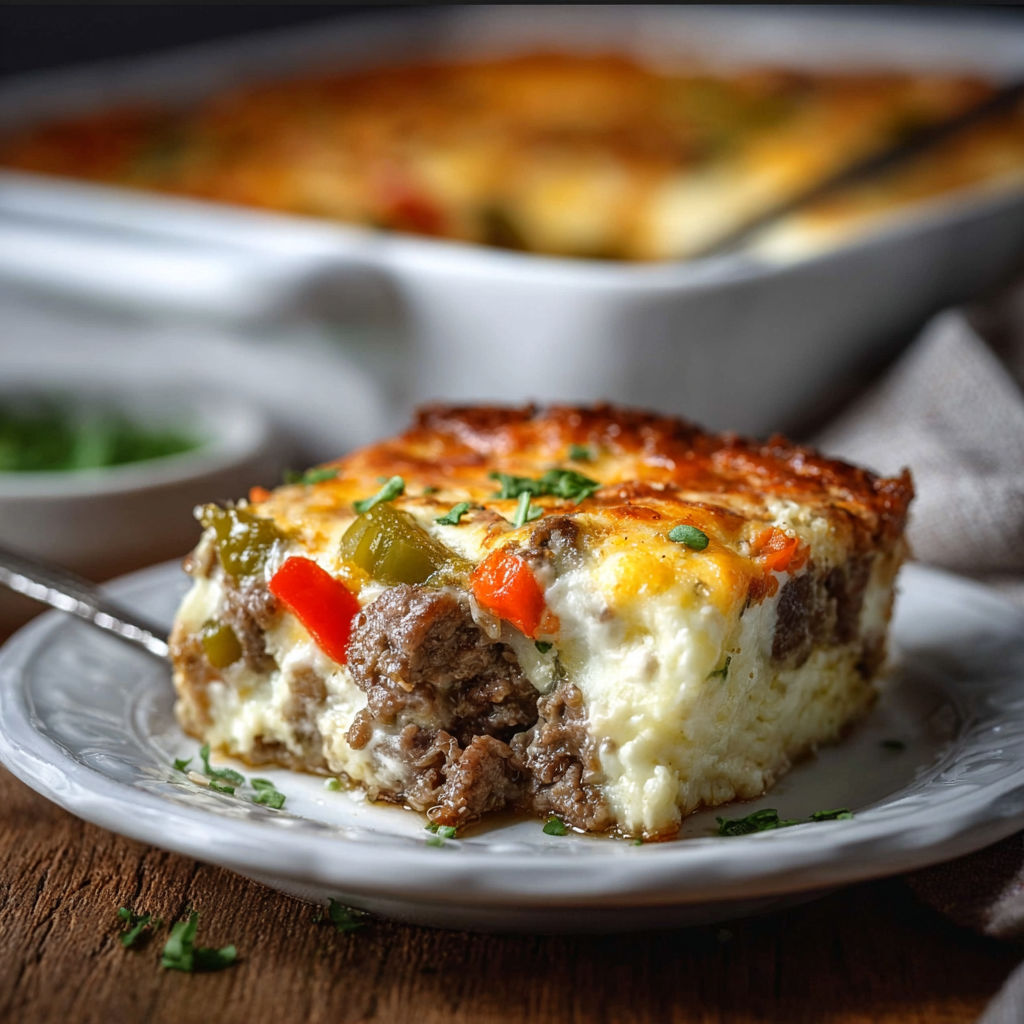 A slice of low carb Philly cheesesteak casserole.