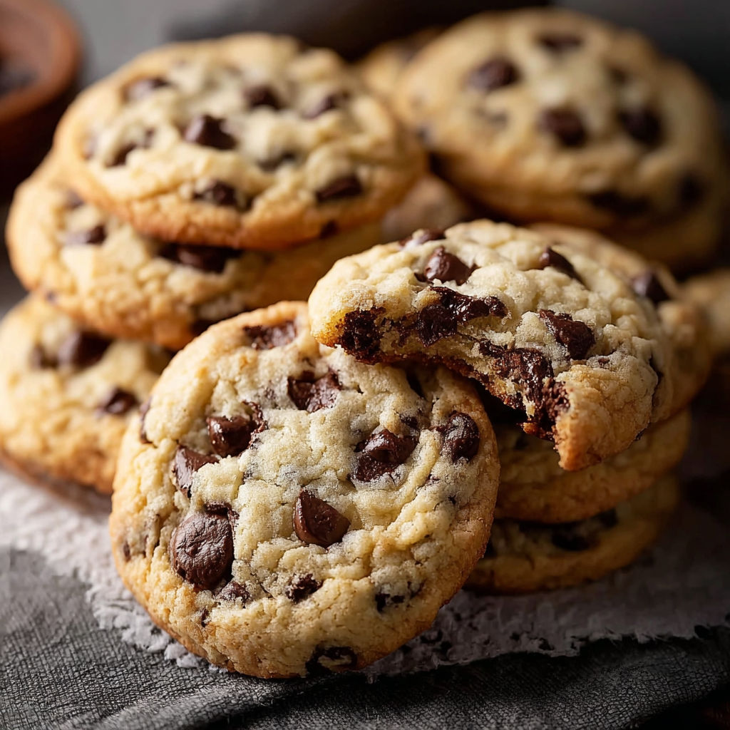 A stack of chocolate chip cookies.
