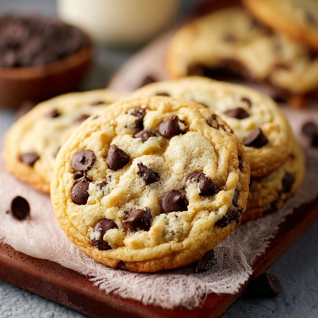 A chocolate chip cookie on a plate.