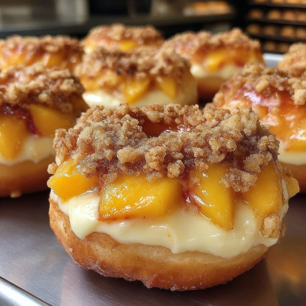 Peach cobbler cheesecake donuts on a plate.