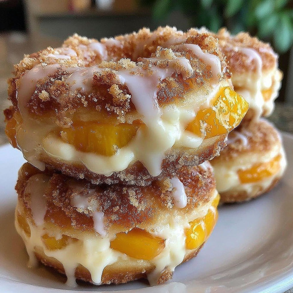 Peach Cobbler Cheesecake Donuts stacked on a plate.