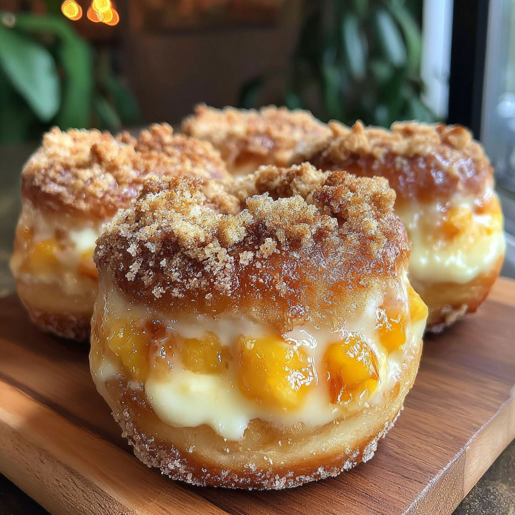Two donuts with peach cobbler cheesecake filling.