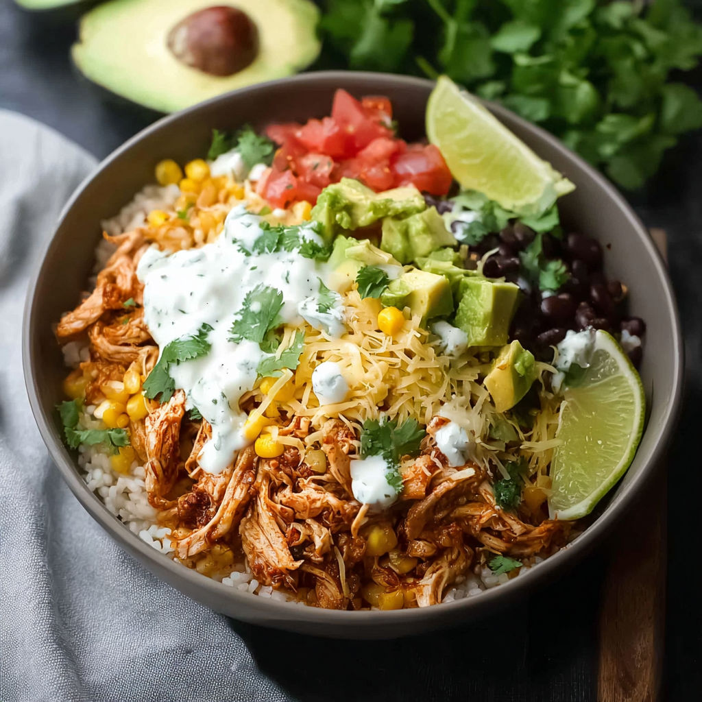 A bowl of food with rice, chicken, tomatoes, lime, and avocado.