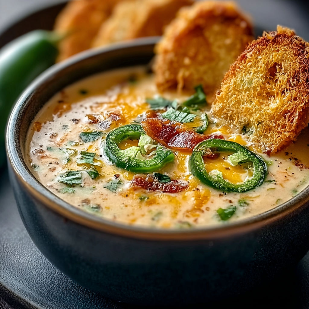 A bowl of soup with jalapenos and grilled cheese.