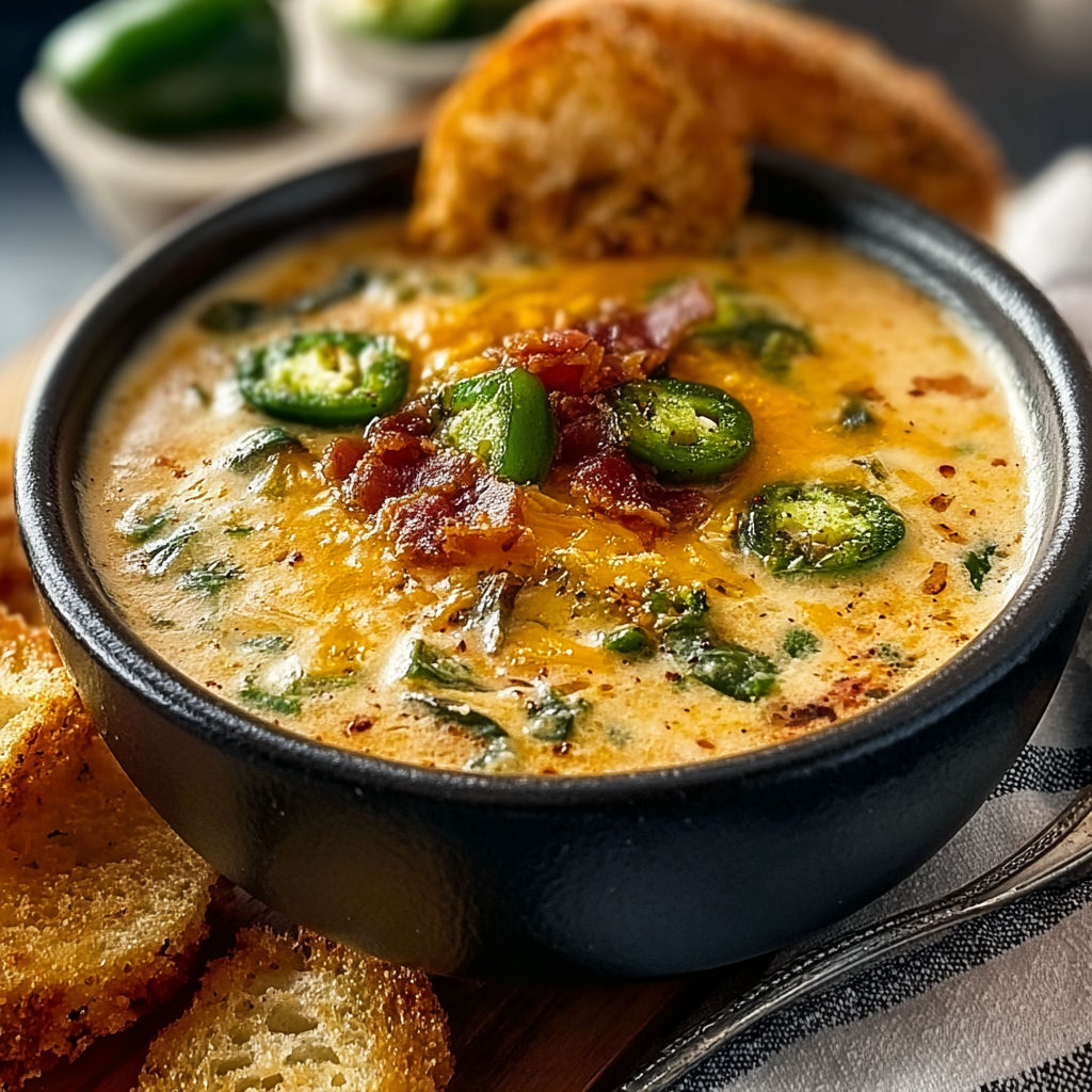 A bowl of soup with jalapenos and bacon.