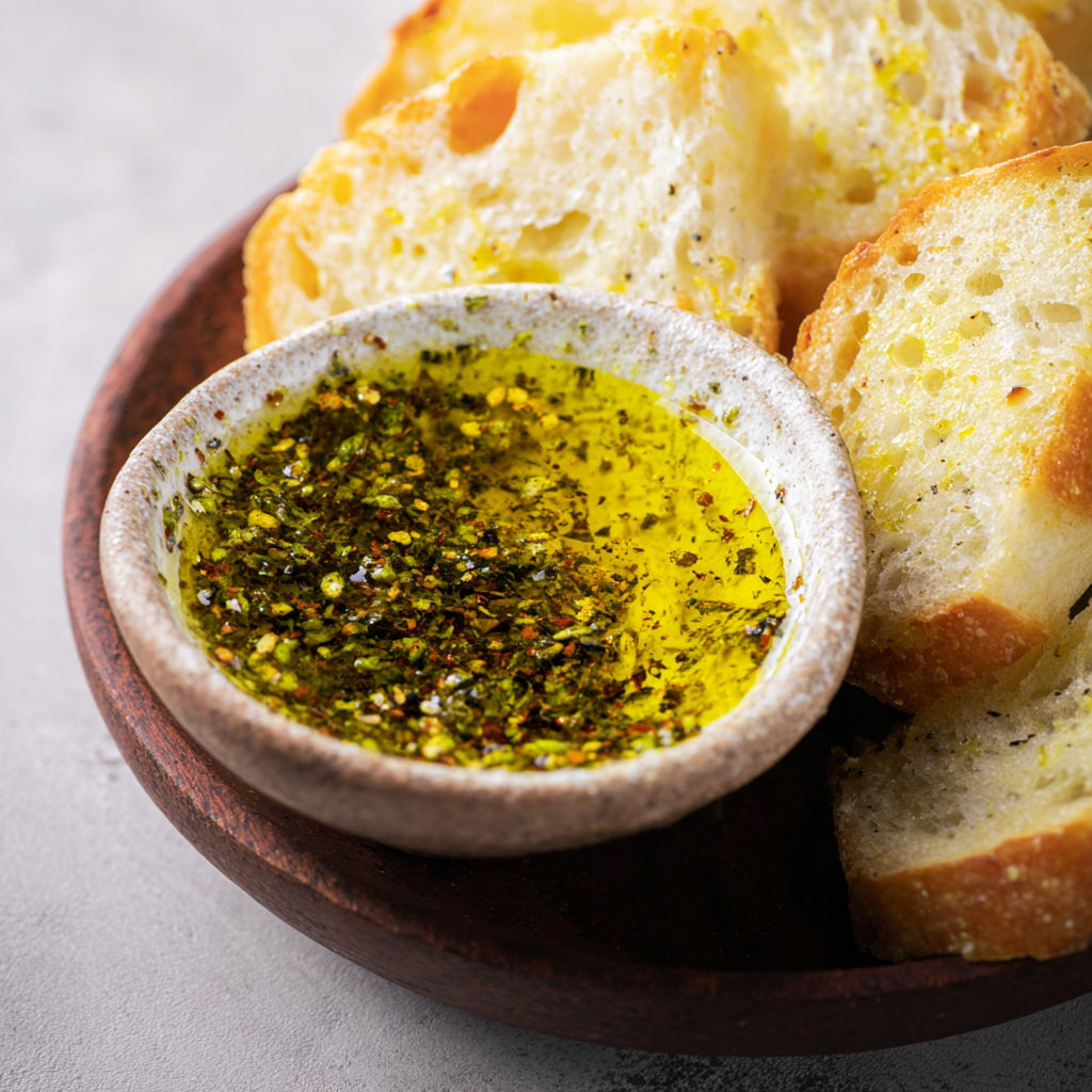 A bowl of olive oil dip with bread.