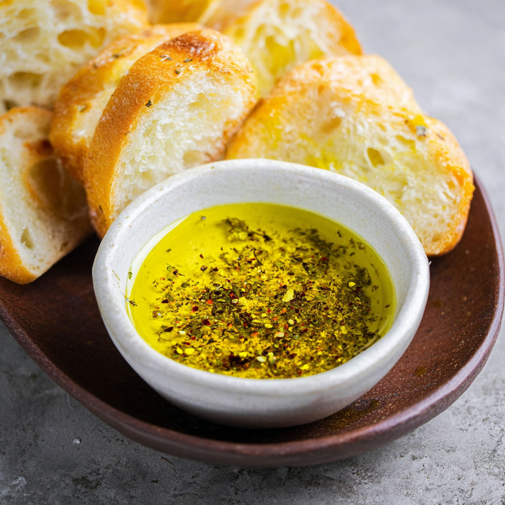 A bowl of olive oil dip with bread.