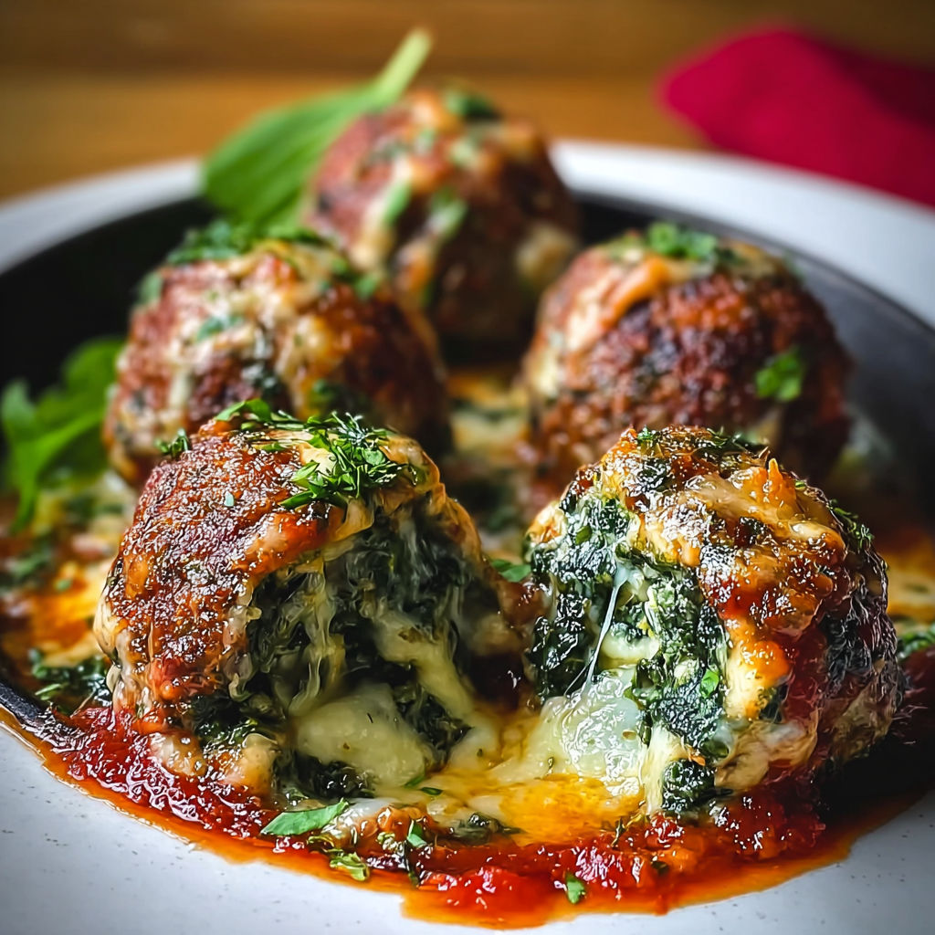 A plate of meatballs with spinach and garlic.