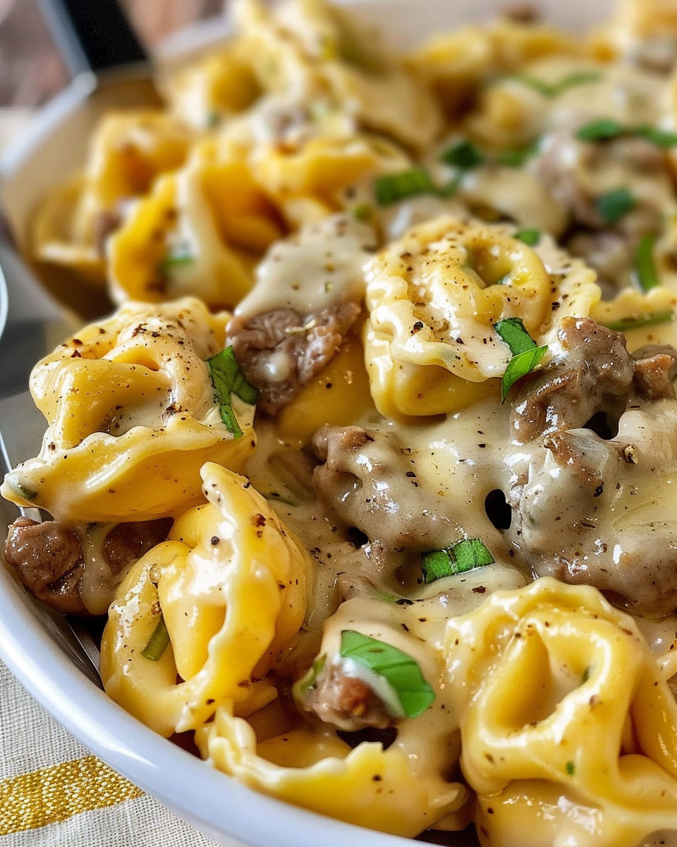 A bowl of pasta with meat and cheese.